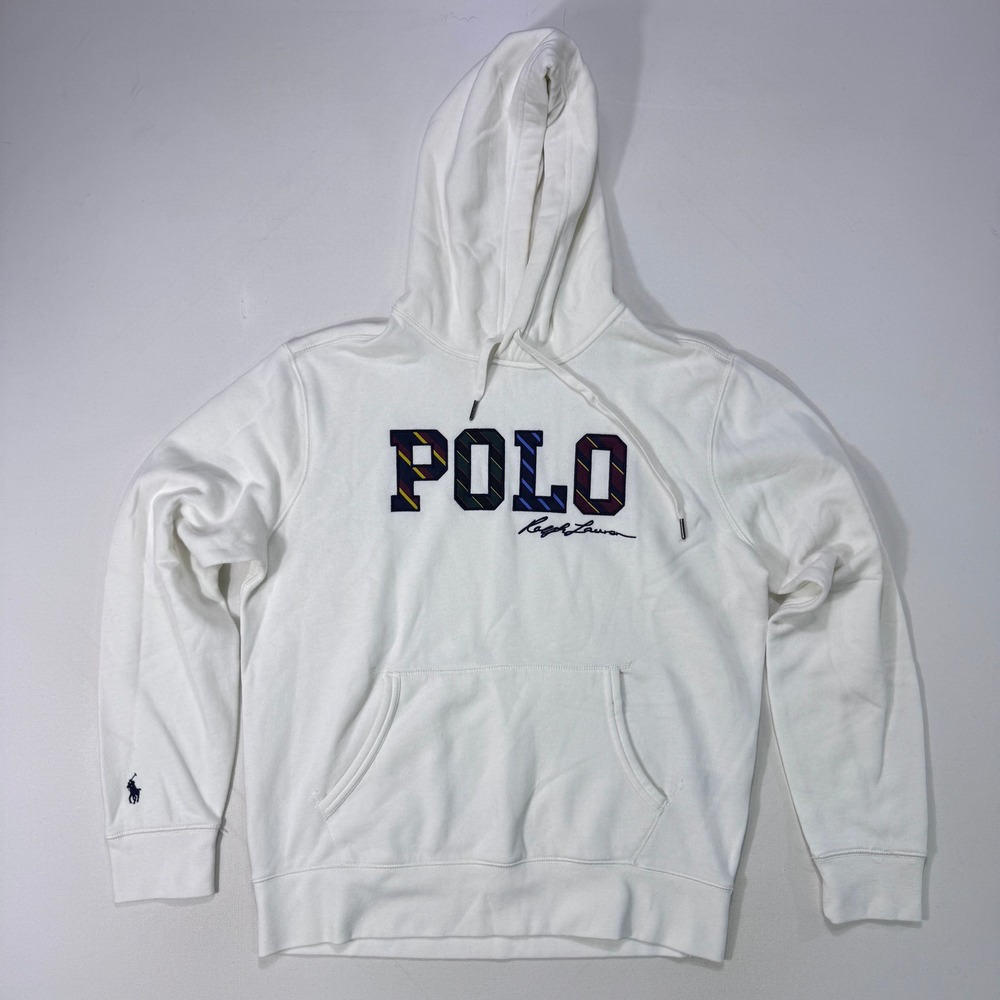Polo Ralph Lauren Mens Large White Fleece Hoodie Striped Logo Pullover Modern